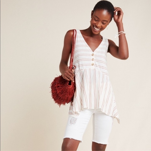 Anthropologie Maeve Alayne Tunic Top XL Babydoll Cottage Y2K Fairy White Stripe - Picture 3 of 11